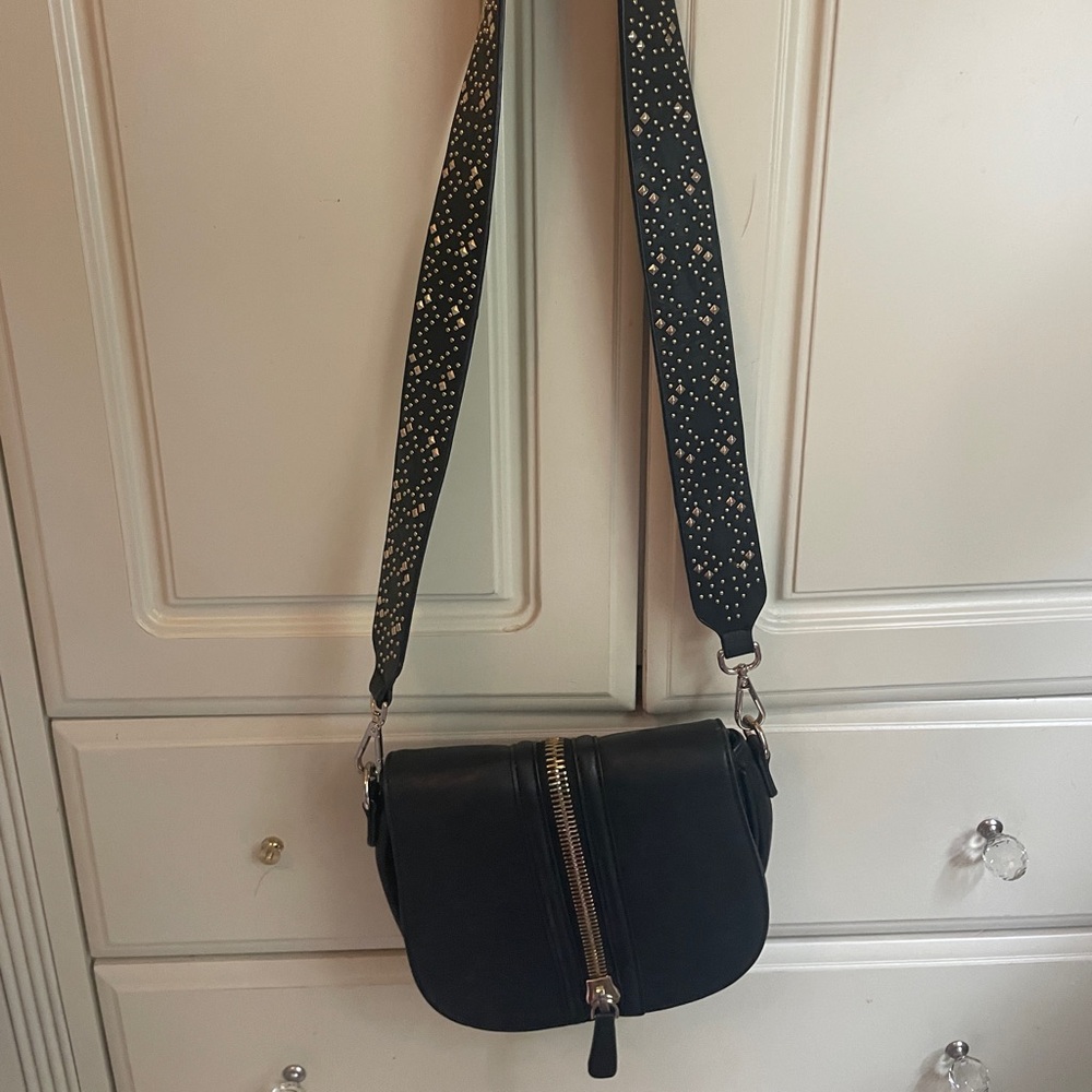 Madison West Black Zipper Crossbody Bag with Studded Strap